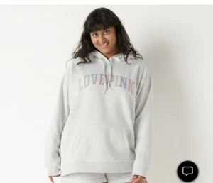 NEW BLING VICTORIA SECRET PINK FLEECE PULLOVER CAMPUS HOODIE Warped Logo XS - Picture 1 of 4