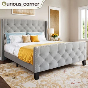 Gray Queen Size Velvet Upholstered Headboard w/ Diamond Tufting Wingback Design - Picture 1 of 11