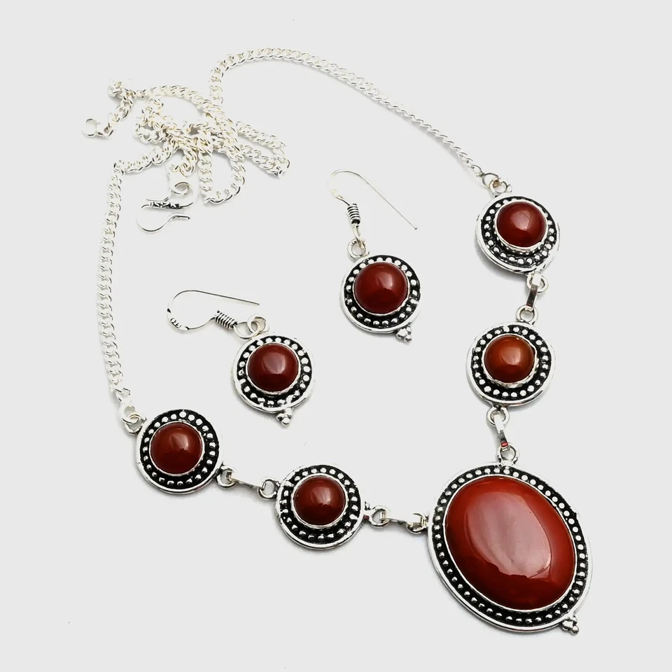 Collar + Pendientes de Piedras Preciosas Étnicas Hecho a Mano de Cornalina Joyería 33 Gms AN 15185 Foto 1 de 1