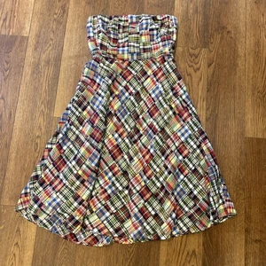 J. CREW Madras kariertes Patchwork trägerloses Kleid Baumwolle adrett Y2K gefüttert Größe 6 - Bild 1 von 8