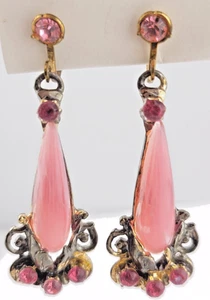 Tarnished Vintage Pink Jelly Belly Rhinestone Flower 2" Chandelier Earrings - Imagen 1 de 12