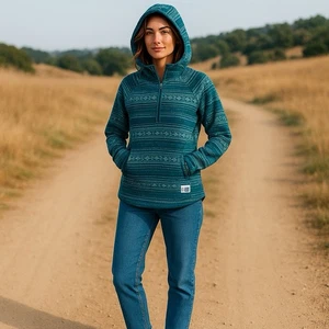 The North Face Hooded Pullover Knit Sweater Womens Sz Small Green Blue Aztec - Picture 1 of 8