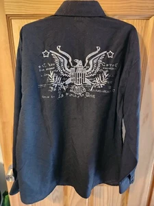 Pronti Collection By Phita Men's Black Button Down Shirt w Eagle & Stars Sz L - Picture 1 of 14