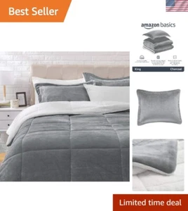 Ultra-Soft Micromink Sherpa Comforter 3-Piece Bedding Set, Solid, King, Charcoal - Picture 1 of 6