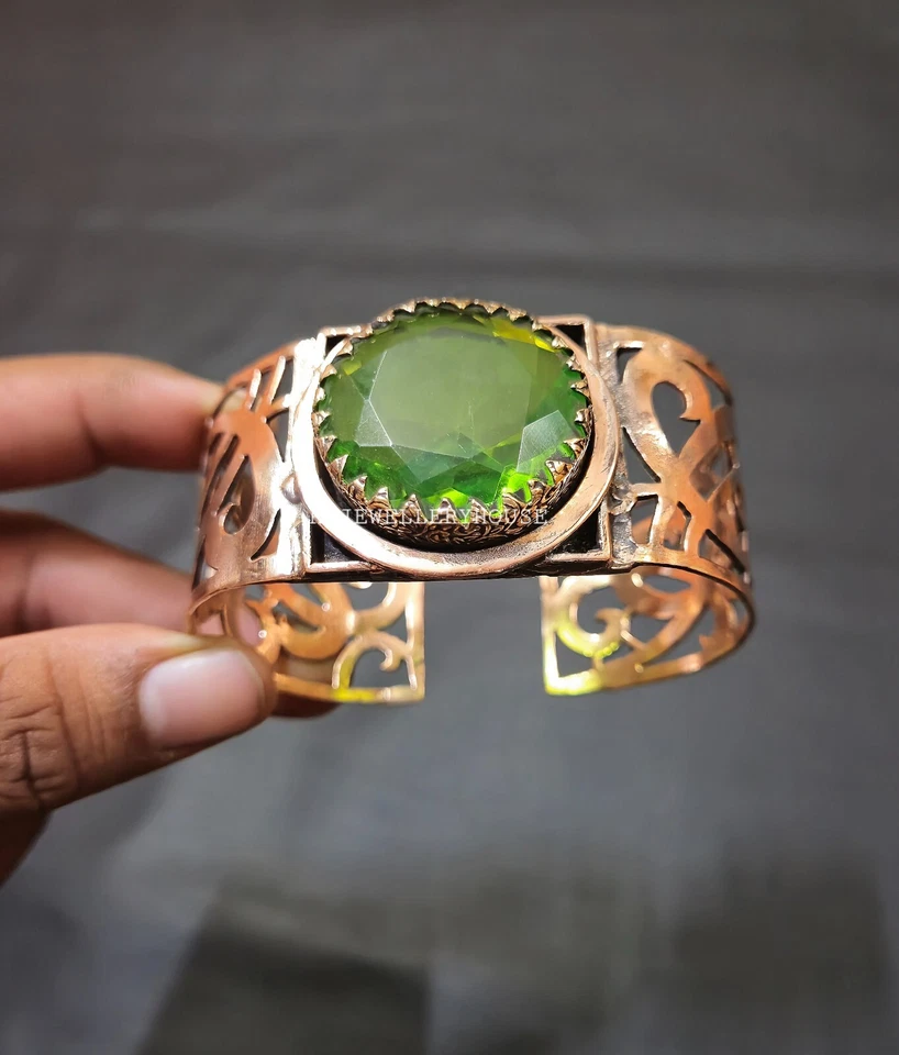 Precioso Brazalete Brazalete Redondo Peridoto Cobre Diseñador Ajustable Regalo Brazalete Foto 1 de 4