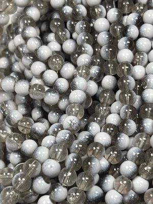 75 6mm Two-Tone Crackle Glass Beads Dark Gray & White - Image 1 of 3