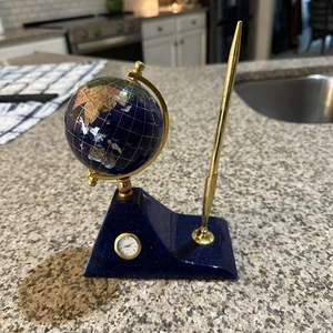 Lapis And Gemstone World Globe with Clock 7" Desktop And Pen - Picture 1 of 4