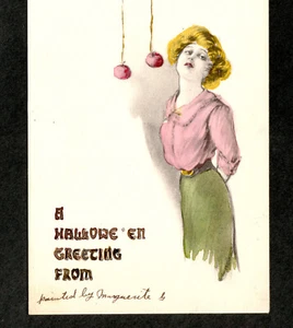 May L Farini Künstler 1911 antike handbemalte Halloween Dame Apfel UN17 Postkarte - Bild 1 von 9