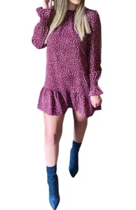 AX Paris Long Sleeve Mini Dress With Ruffle Detail. Plum Polka Dot Print - Picture 1 of 4