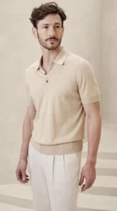 NWT Banana Republic BR Stokke Cashmere-Silk Sweater Polo Heather Oatmeal Sz M - Picture 1 of 4