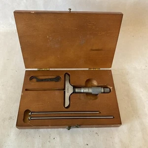 Vintage Starrett No. 445 Micrometer Depth Gage Machinist Tool In Wooden Box  - Picture 1 of 15