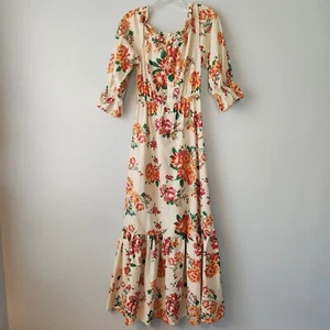 Womens Dress XS Tan Floral Maxi On Off Shoulder Tiered Tropical Cottagecore Boho - Picture 1 of 17