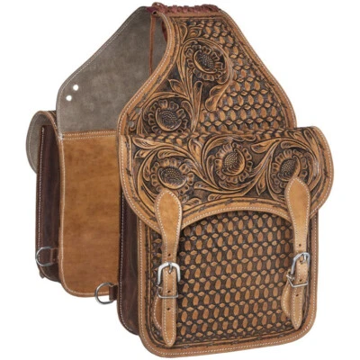 FLORAL AND BARBWIRE TOOLED SADDLE BAG - Image 1 of 4