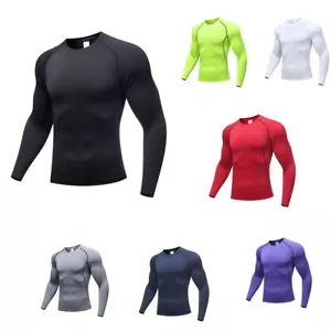 Men's Long Sleeve Fitness Compression Baselayer Tight Sports Gym Top Quick Dry - Picture 1 of 18