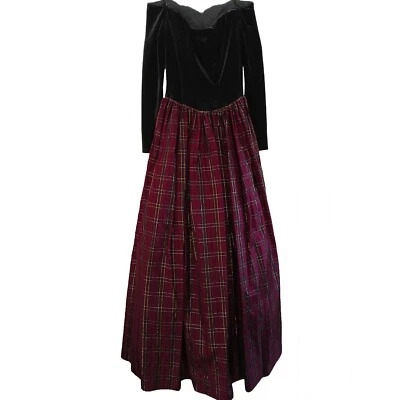 Vestido de fiesta Scott McClintock talla 4 sin tirantes rojo verde a cuadros negro terciopelo Foto 1 de 4