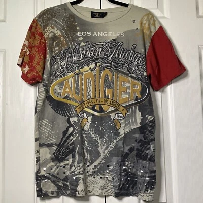 Camisa Christian Audigier Para Hombres L Encantada Tachonada Estampado por Todas Partes Unicornio Caballo AOP Foto 1 de 4