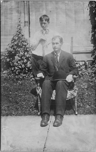 Man Boy Father Son Real Photo RPPC Chair Derby Hat c1910s A89 - Picture 1 of 2