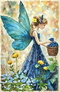ACEO Artist Trading Card Blueberry Fairy Nature Scene 2.5x3.5 Mini Art Print ATC - Picture 1 of 3