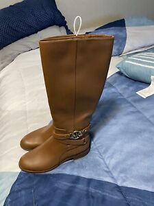 Michael Kors Women’s Brown Leather Knee High Boots Logo Buckle (Size 8M) NEW