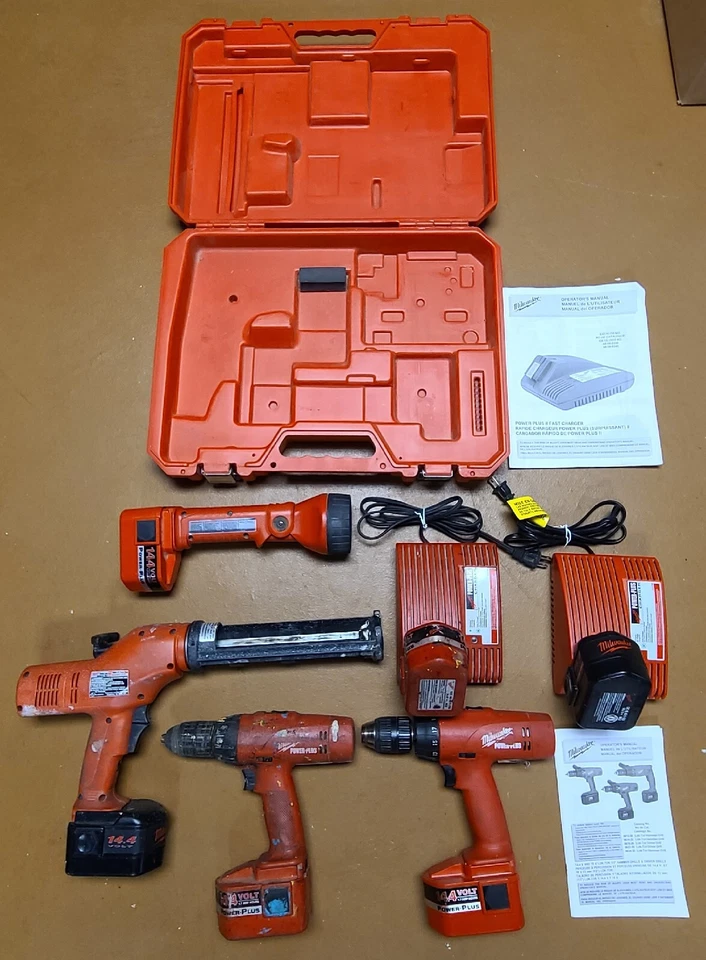 Milwaukee 14.4V Tool Set 2 Drills Caulk Gun Light 6 Batteries 2 Chargers Case - Image 1 of 4