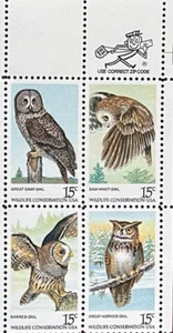 US American Owls 15c Stamp Zip Block of 4 Scott #1760 - #1763 - Picture 1 of 1