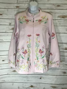 Quacker Factory Pink Long Sleeve Full Zip Jacket Butterflies Flowers Size L W6 - Picture 1 of 7
