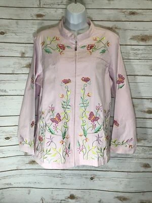 Quacker Factory Pink Long Sleeve Full Zip Jacket Butterflies Flowers Size L W6 - Image 1 of 4
