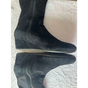 Black Suede Knee High Boots Stretch Panel Wedge Heel Winter Comfort Casual - Picture 1 of 8