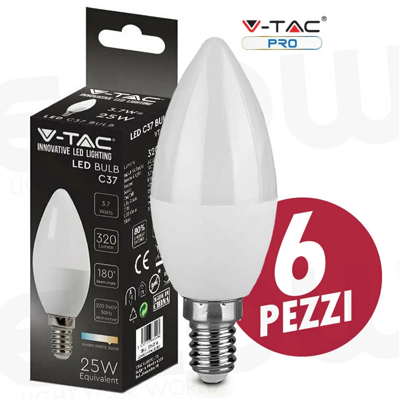 V-TAC VT-1818 Lampadina LED candela SMD 3.7W E14 bianco caldo 3000K sku 214216 F