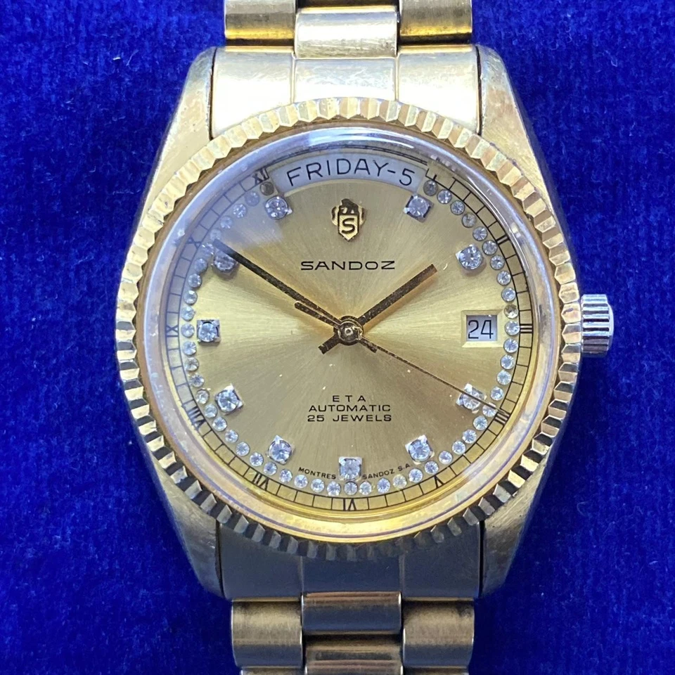 Raro Reloj Sandoz President Automático ETA Esfera Suiza Oro Diamante Día Fecha Hombres Foto 1 de 4