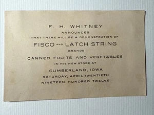 20er Jahre Cumberland Iowa F.H. Whitney Demonstration Riegelschnur Vintage Visitenkarte - Bild 1 von 6
