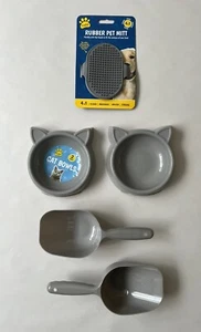 Cat Kitten Bowl Pet Food Scoop Grooming Mitt Cute Cat Face & Ears Grey 2 Pack - Picture 1 of 9