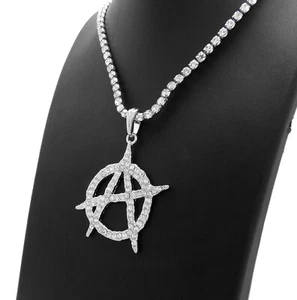 Iced Silver PT Anarchy Pendant & 16" 18" 20" Rhinestone Chain Fashion Necklace - Picture 1 of 17