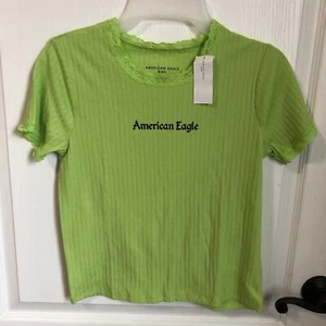 American Eagle Girls Size 16 Green Ribbed Cropped Tee Lettuce-Edge Trim NWT - Picture 1 of 7