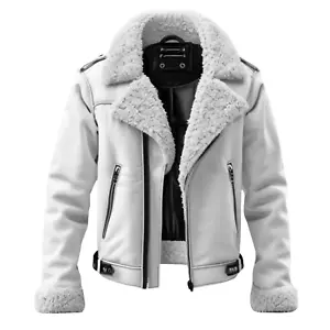 Men's White B3 Bomber Aviator Faux Fur Shearling Real Sheepskin Leather Jacket - Picture 1 of 4