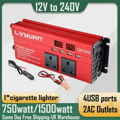 LVYUAN 750W 1500W Power Inverter 12V to 240V Car Converter 4USB Port 2AC Outlet Camping