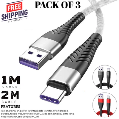 USB A to Type C Cable 3A Fast Charger Braided 1M 2M for Android Samsung Lead - Image 1 of 4