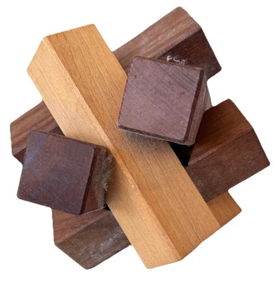 VTG 6 Piece Wooden BURR PUZZLE 3D Interlocking MINI LUMBERJACK 3.5” Monkey Wood - Image 1 of 4