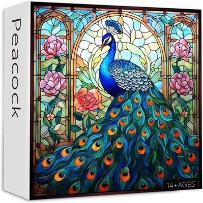 Rompecabezas de pavo real de vitrales para adultos 1000 piezas, arte de aves vintage...  Foto 1 de 4