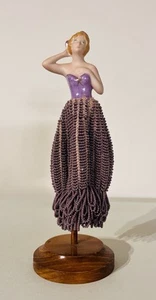 Vintage Porcelain Doll Hand Beaded Purple Skirt With Stand Handcrafted - Bild 1 von 5