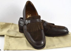 SALVATORE FERRAGAMO Top Sz 7 M MEN SHOES Brown Suede Fringe Logo Loafer - Picture 1 of 8