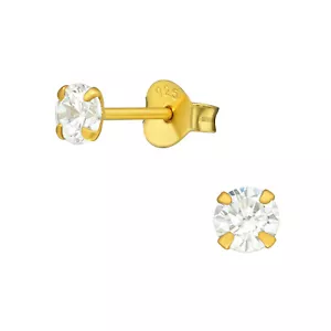Yellow Gold Plated Crystal Sterling Silver Stud Earrings 4MM - Picture 1 of 2