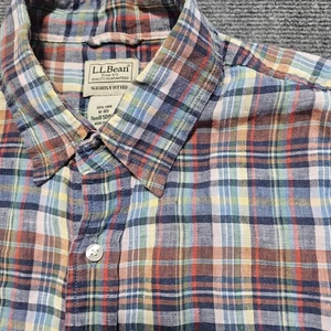 LL Bean Shirt Mens 100% Linen Plaid Short Sleeve Button Up Beach Slightly Fitted - Picture 1 of 12