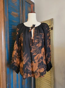 Karen Kane Sandstein Blumen Blouson Slv Top Damen L schwarz braun vorne zum Binden Boho - Bild 1 von 11