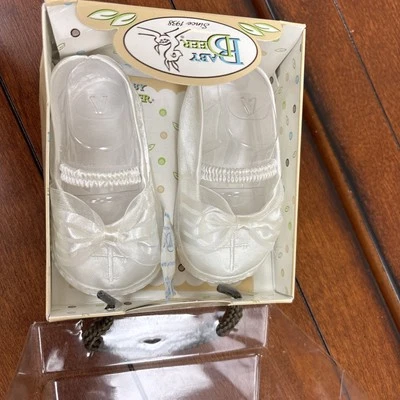 Cross Embroidery Baby Deer White Satin Crib Stage Shoes. Size 3. 6-9 Months. NIB - Image 1 of 4