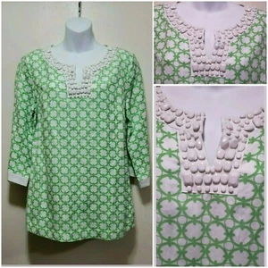 Jaclyn Smith Green White Bead Embellished Neck Linen Blend Tunic Blouse ~S M3020 - Picture 1 of 12