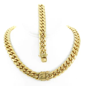 Para hombre Acabado Dorado Cerrado 14 mm Ajustado Miami Cadena Cubana Pulsera Triple Caja Bloqueo - Imagen 1 de 5