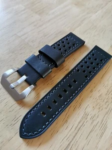 Uhrband Armband Kalbsleder Nappa, schwarz, extra weich, gelocht, Retro, 20-24mm - Bild 1 von 2