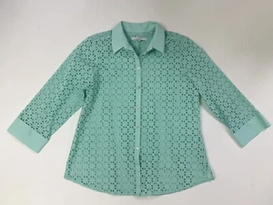 Foxcroft Ava Geo-Eyelet Button Up Shirt Blouse Cutout Sea Glass Blue Size 12 - Picture 1 of 8