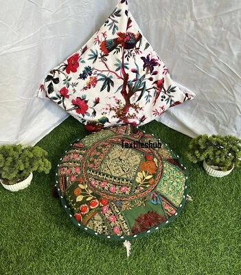 Indien Round Pillow Cushion Cover Floor Green Patchwork Throw Boho Décor Cover - Image 1 of 4